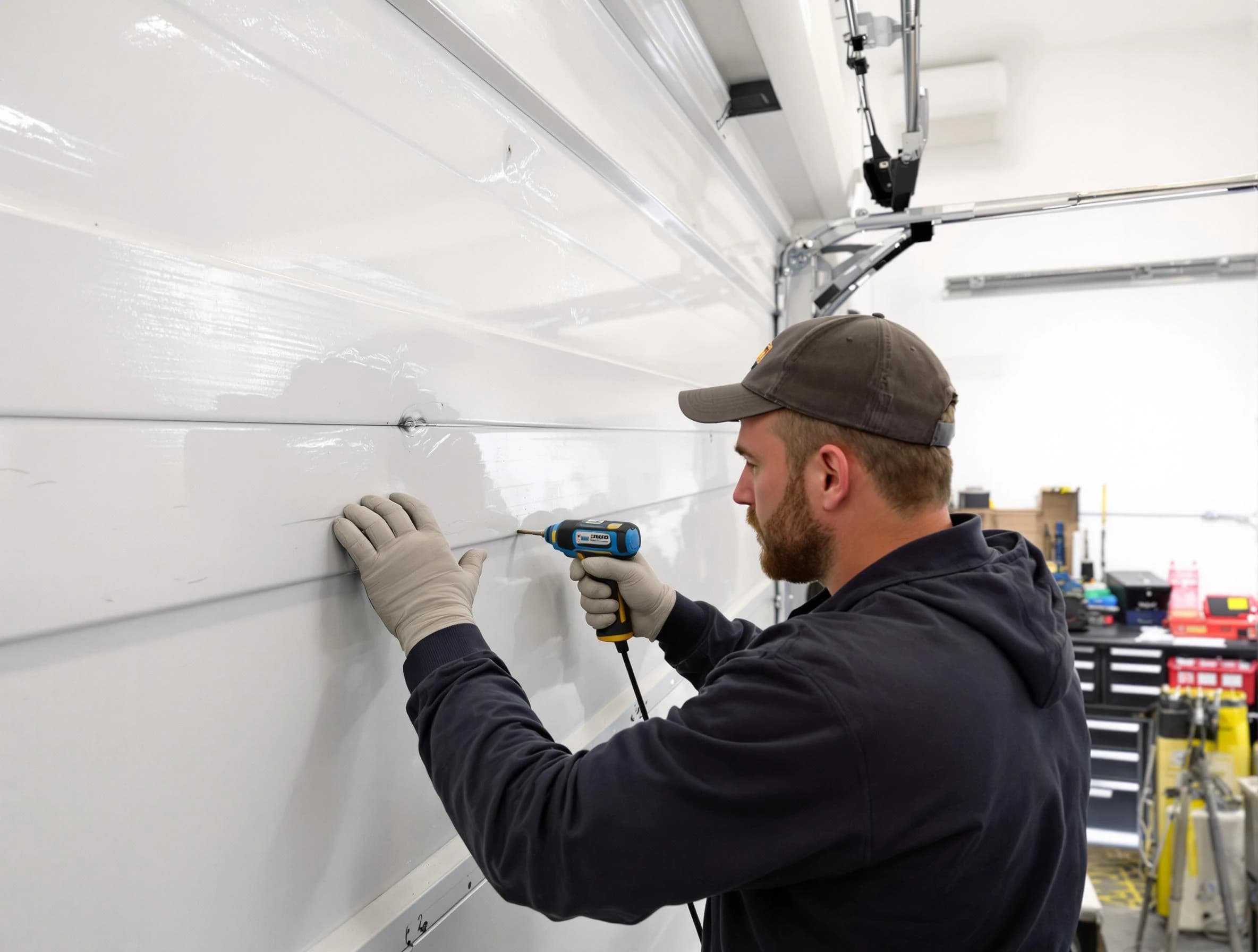 Millburn Garage Door Repair technician demonstrating precision dent removal techniques on a Millburn garage door