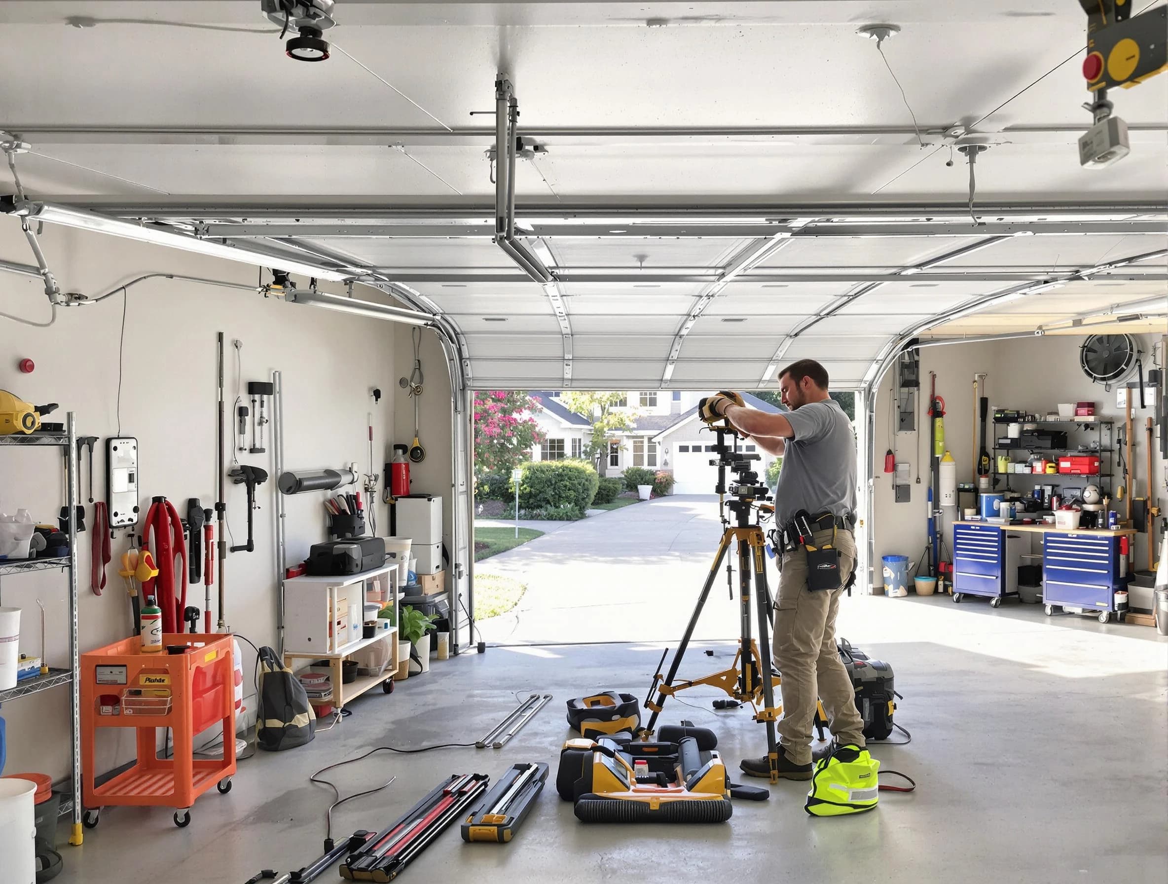 Millburn Garage Door Repair specialist performing laser-guided track alignment in Millburn